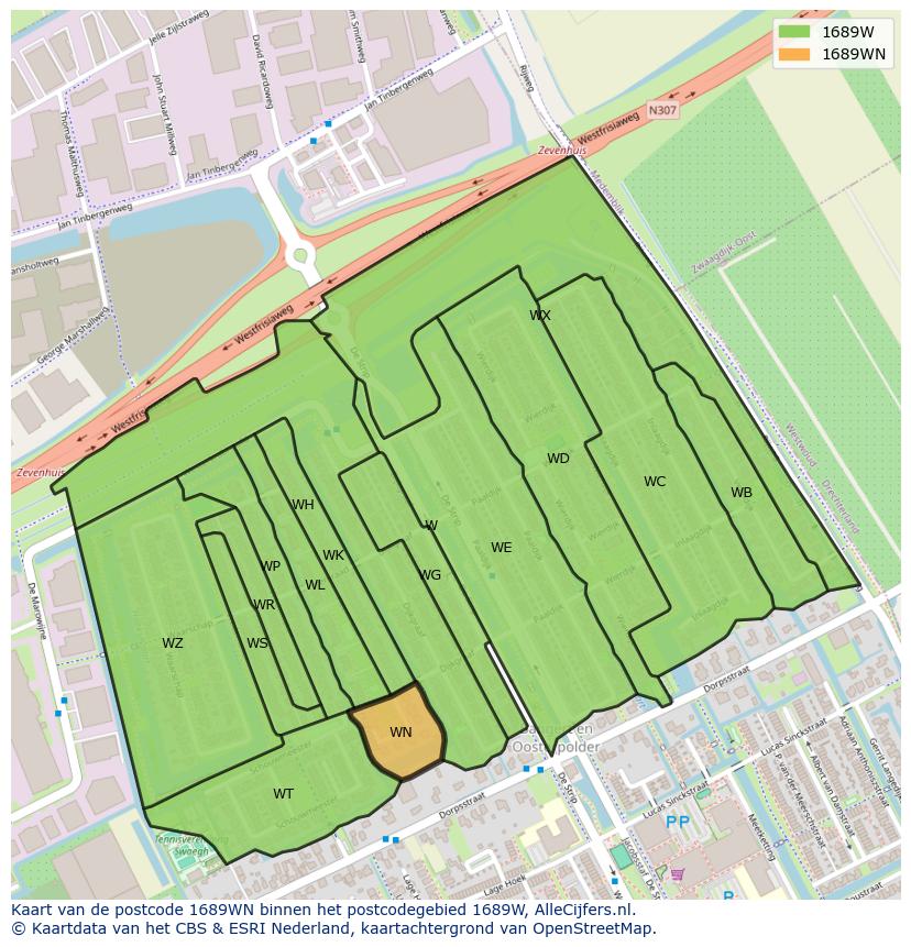 Afbeelding van het postcodegebied 1689 WN op de kaart.