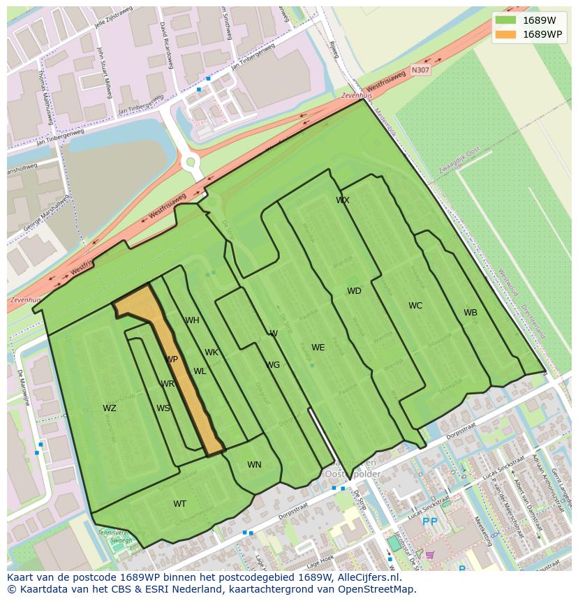 Afbeelding van het postcodegebied 1689 WP op de kaart.