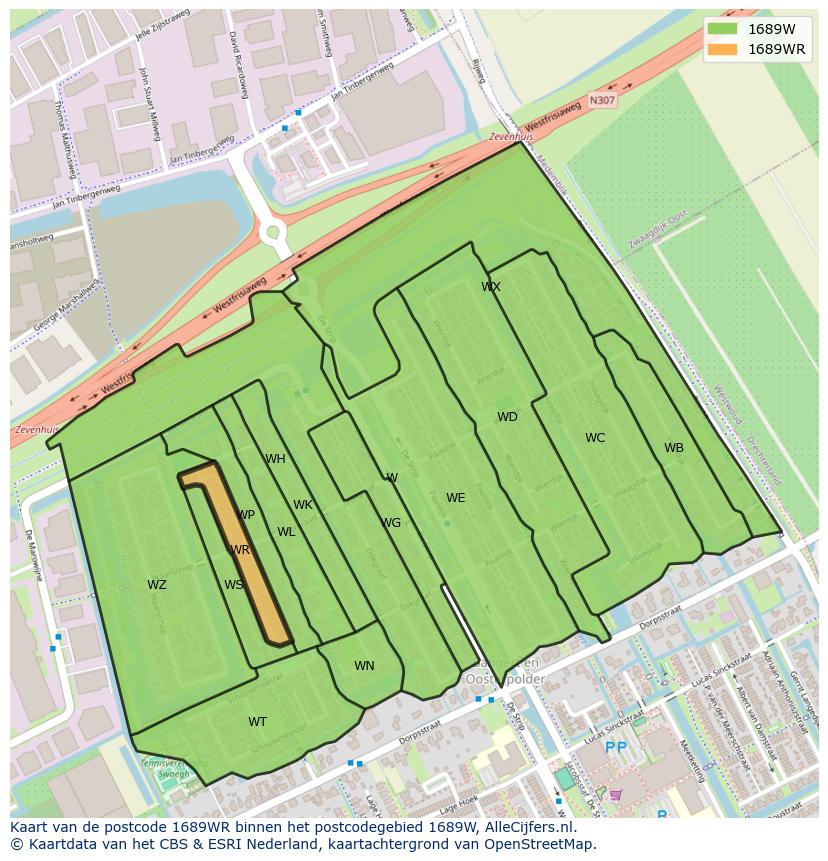 Afbeelding van het postcodegebied 1689 WR op de kaart.