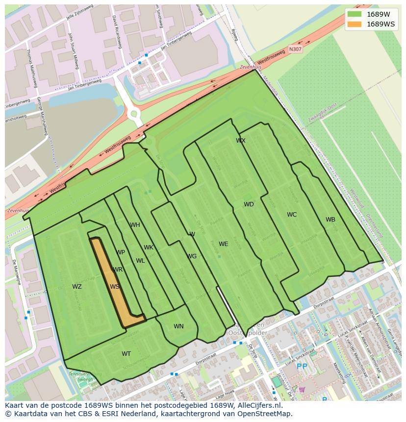 Afbeelding van het postcodegebied 1689 WS op de kaart.