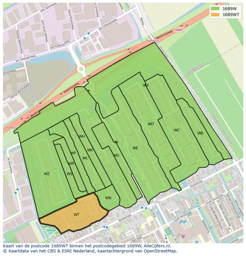 Afbeelding van het postcodegebied 1689 WT op de kaart.