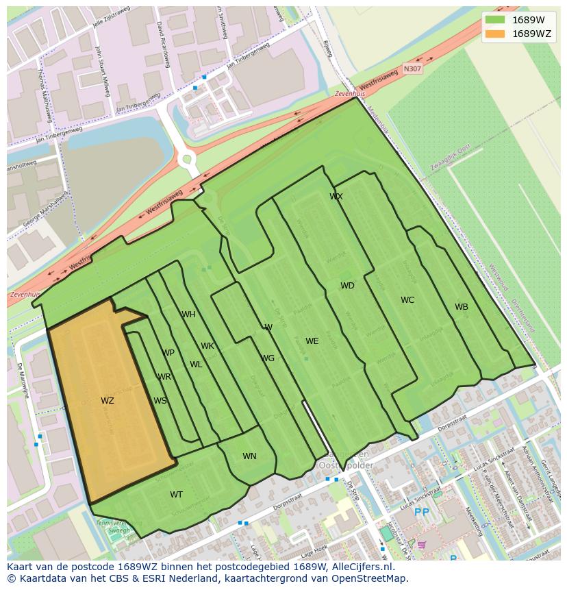 Afbeelding van het postcodegebied 1689 WZ op de kaart.