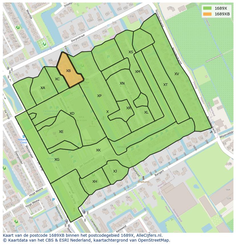 Afbeelding van het postcodegebied 1689 XB op de kaart.