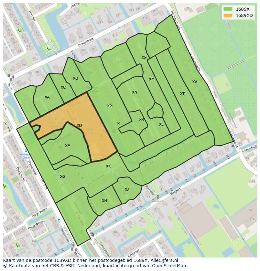 Afbeelding van het postcodegebied 1689 XD op de kaart.