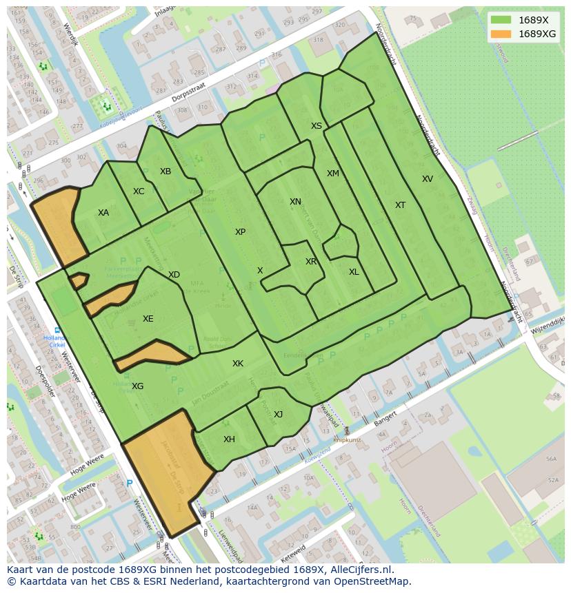 Afbeelding van het postcodegebied 1689 XG op de kaart.