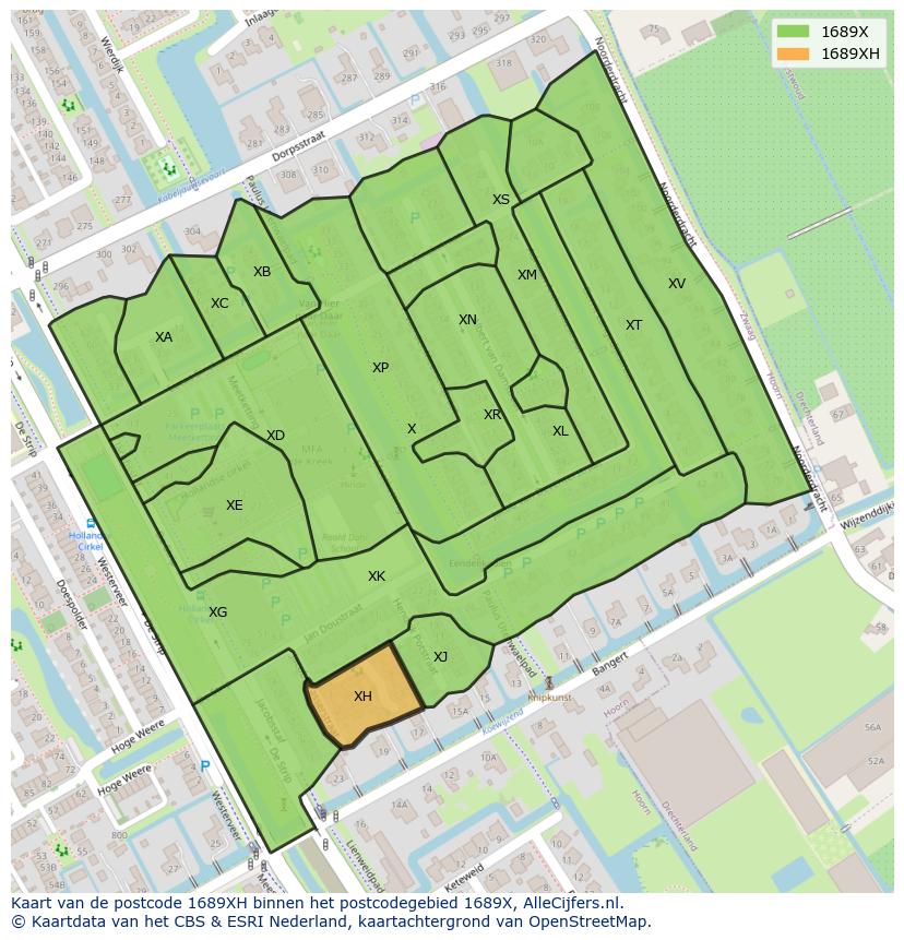 Afbeelding van het postcodegebied 1689 XH op de kaart.