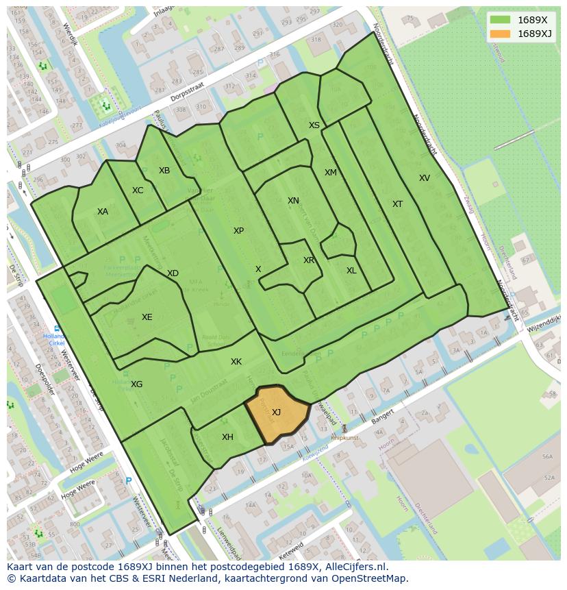Afbeelding van het postcodegebied 1689 XJ op de kaart.