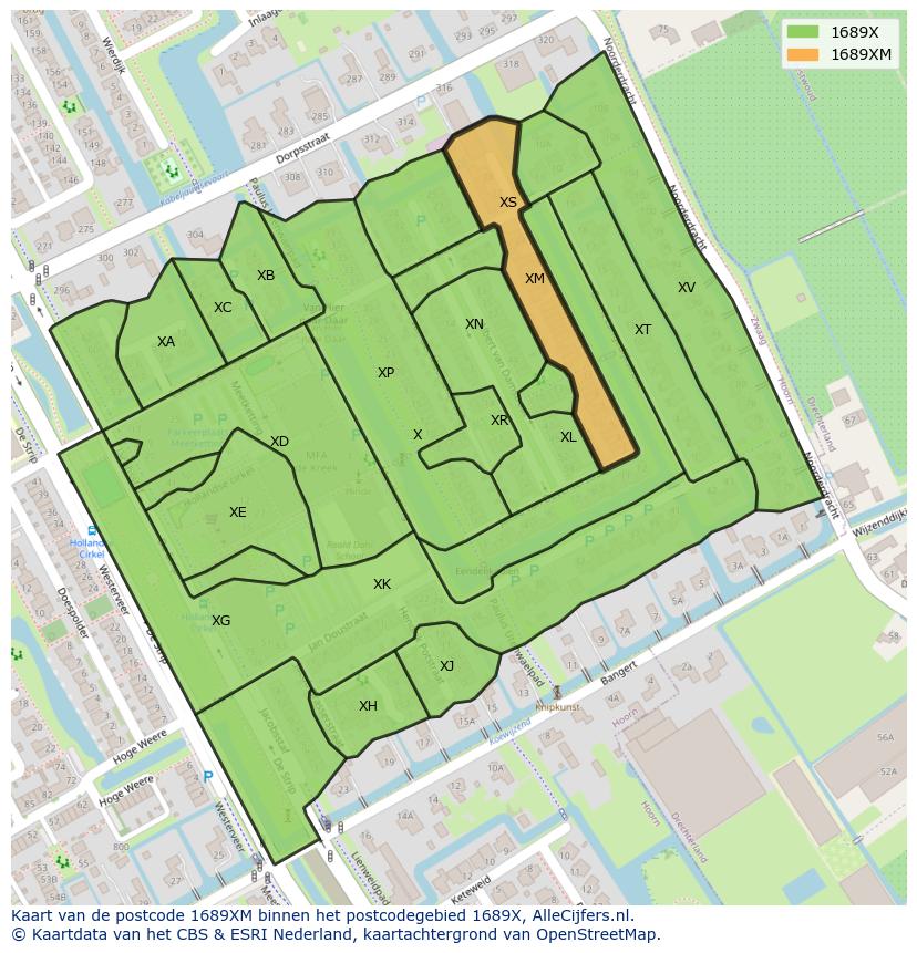 Afbeelding van het postcodegebied 1689 XM op de kaart.