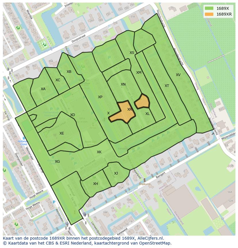 Afbeelding van het postcodegebied 1689 XR op de kaart.
