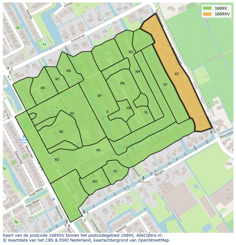Afbeelding van het postcodegebied 1689 XV op de kaart.