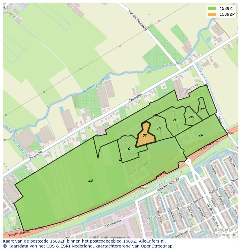 Afbeelding van het postcodegebied 1689 ZP op de kaart.