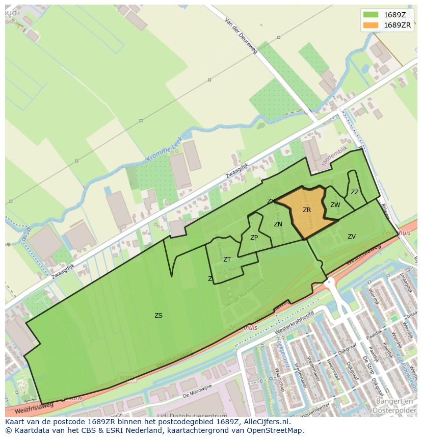 Afbeelding van het postcodegebied 1689 ZR op de kaart.