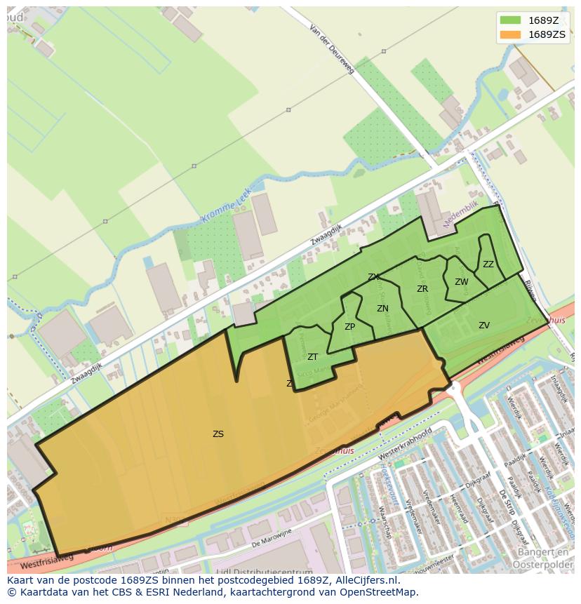 Afbeelding van het postcodegebied 1689 ZS op de kaart.