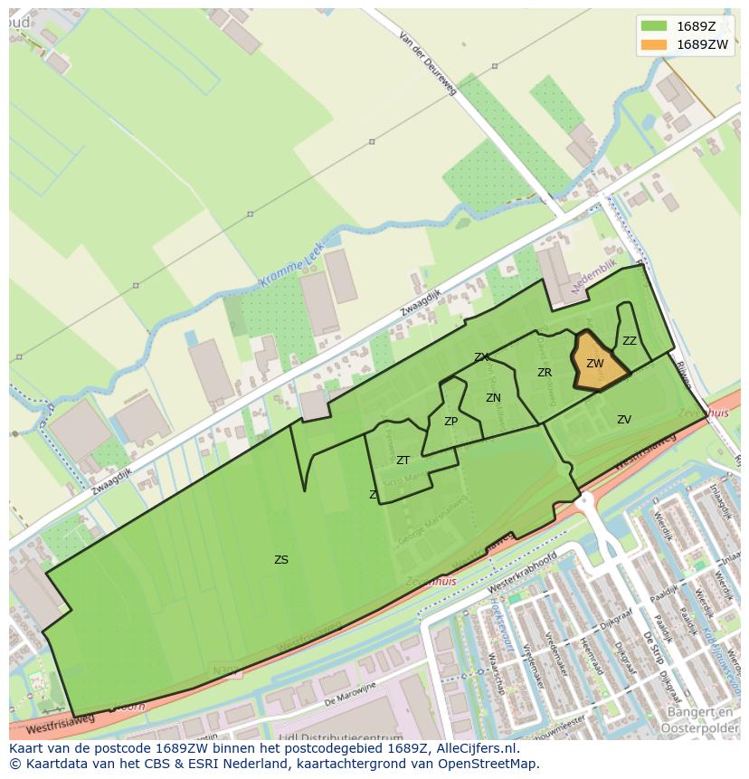 Afbeelding van het postcodegebied 1689 ZW op de kaart.