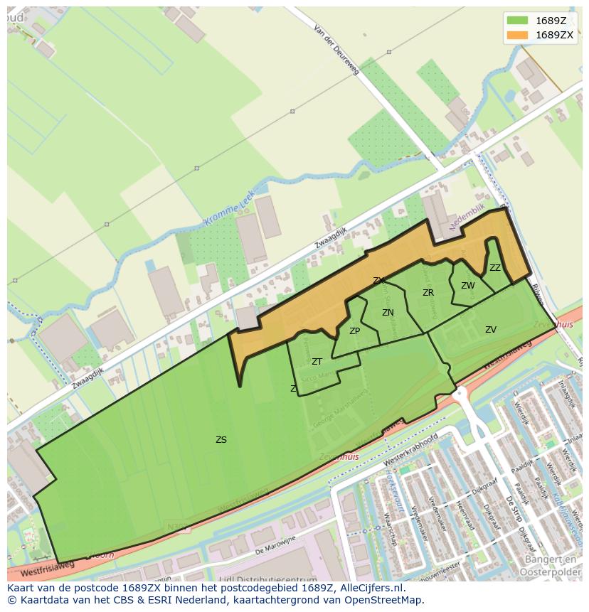 Afbeelding van het postcodegebied 1689 ZX op de kaart.