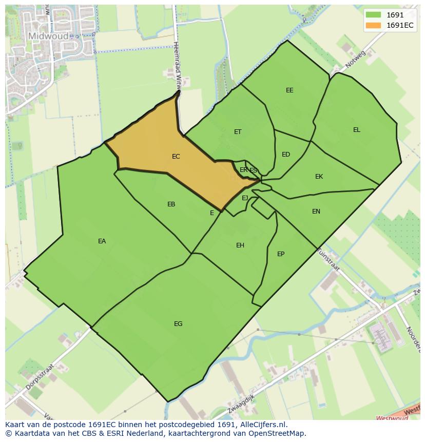 Afbeelding van het postcodegebied 1691 EC op de kaart.