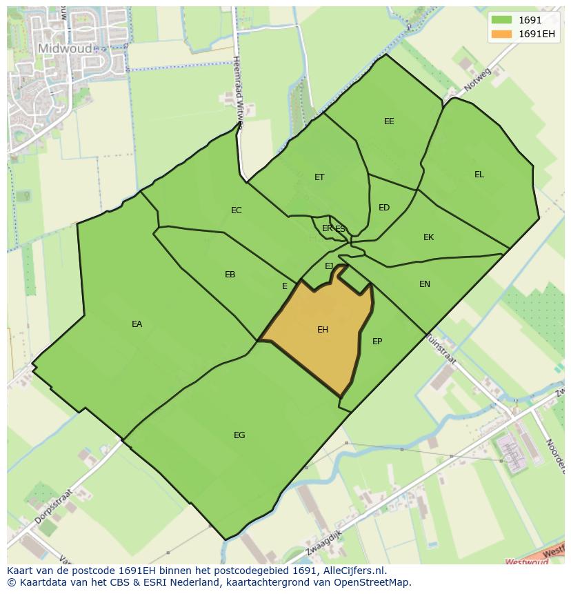 Afbeelding van het postcodegebied 1691 EH op de kaart.