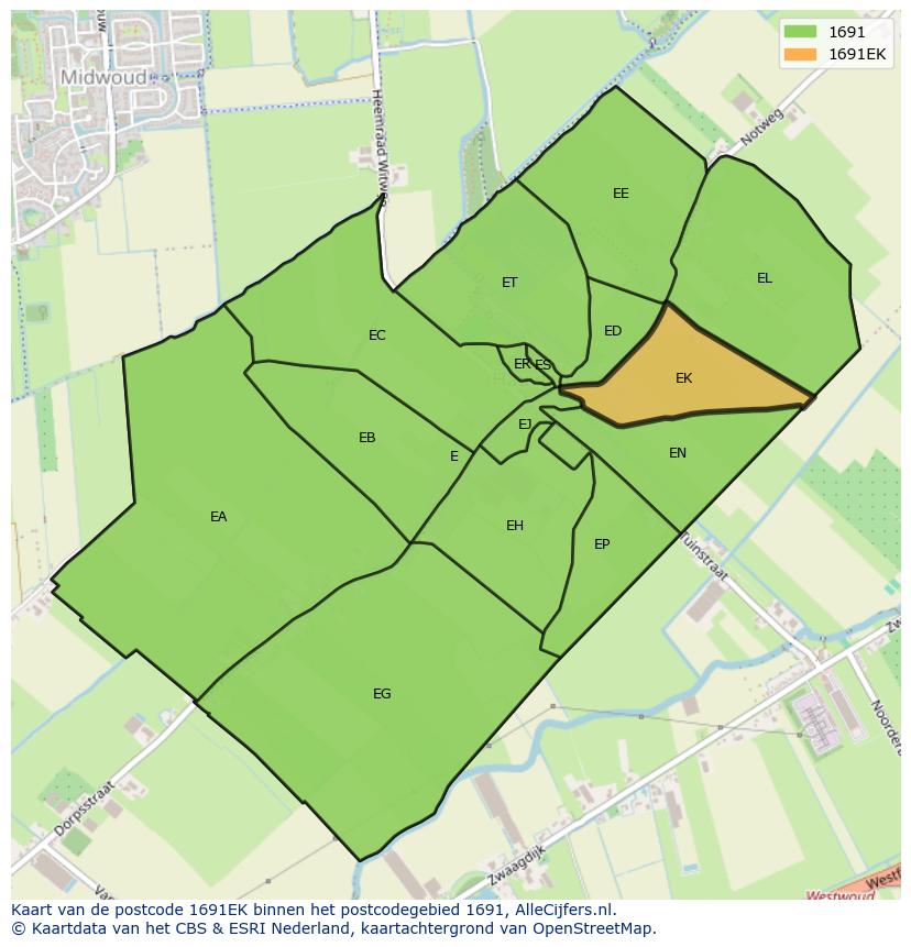 Afbeelding van het postcodegebied 1691 EK op de kaart.
