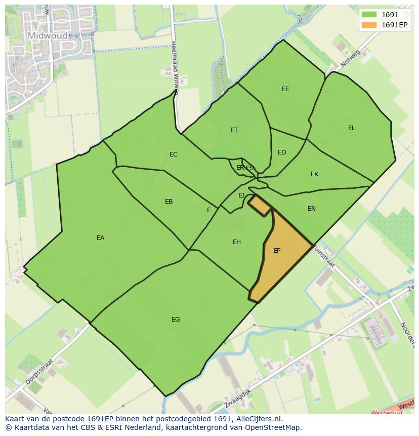 Afbeelding van het postcodegebied 1691 EP op de kaart.