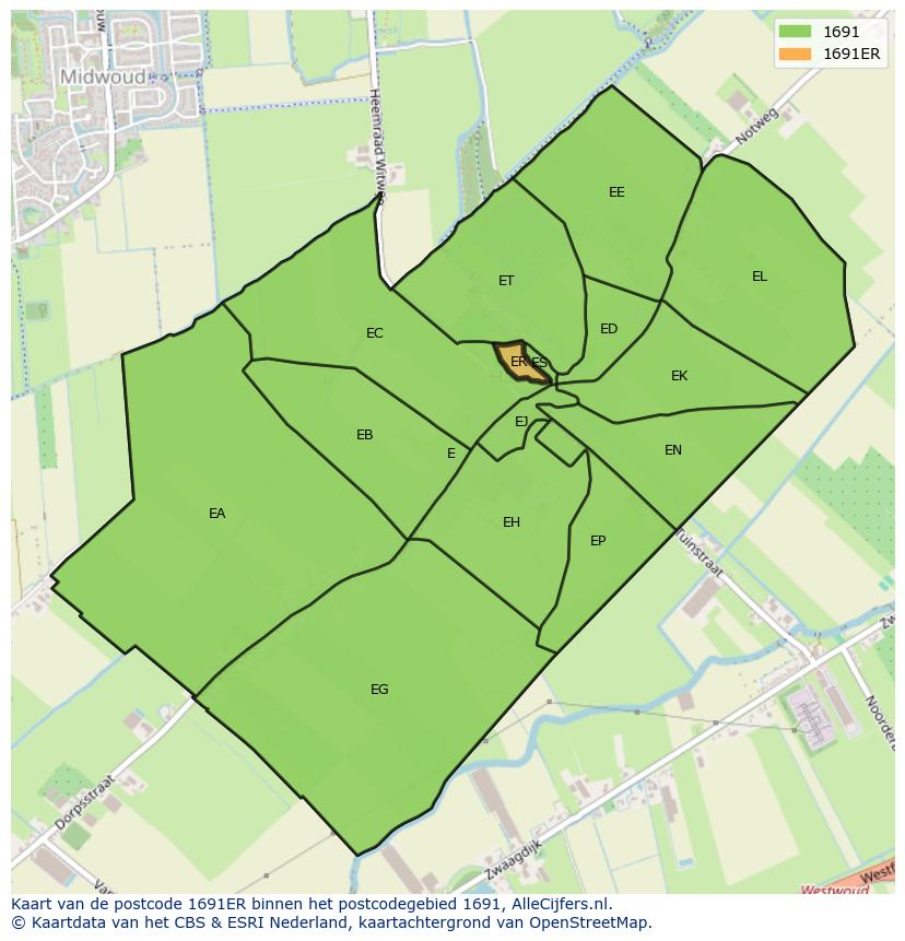 Afbeelding van het postcodegebied 1691 ER op de kaart.