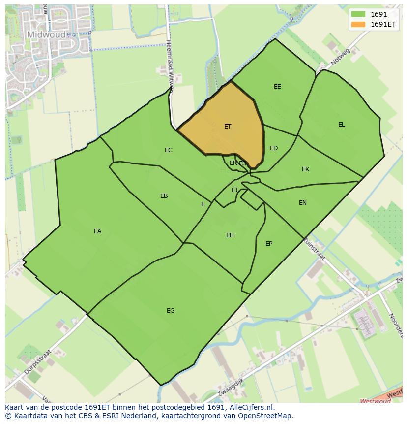 Afbeelding van het postcodegebied 1691 ET op de kaart.