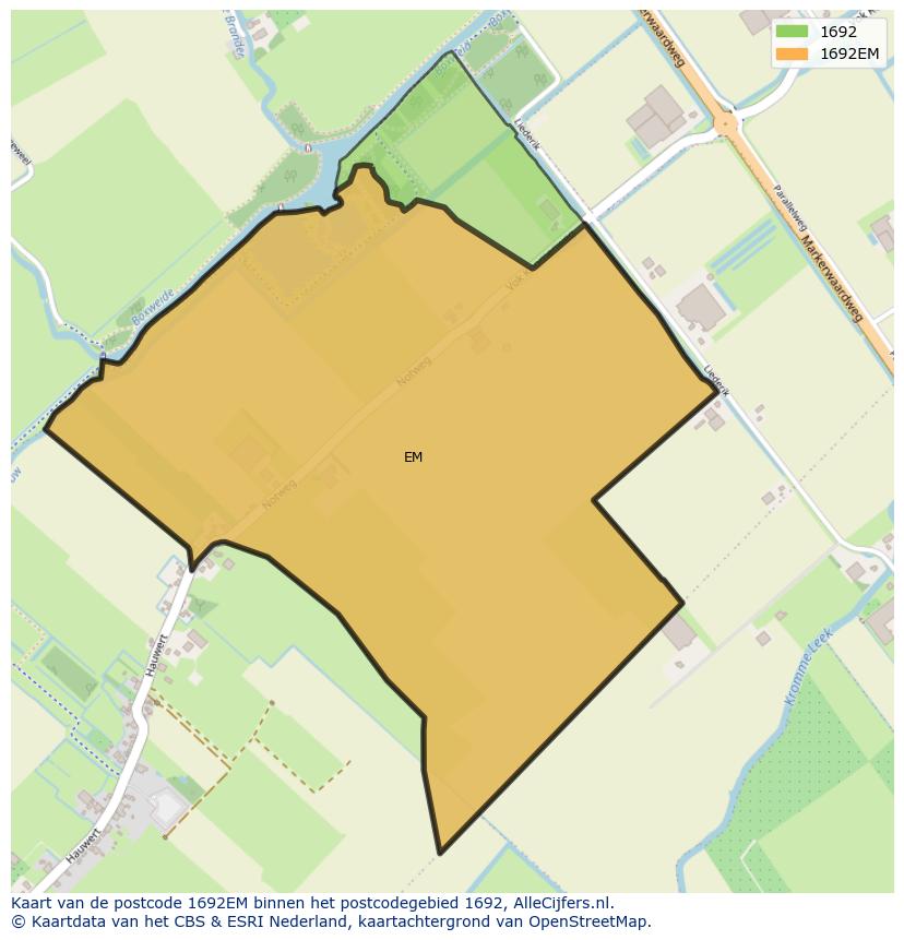 Afbeelding van het postcodegebied 1692 EM op de kaart.