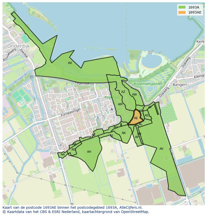 Afbeelding van het postcodegebied 1693 AE op de kaart.