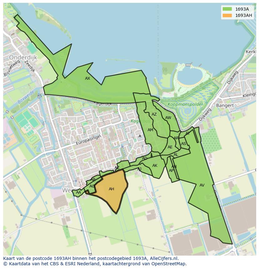 Afbeelding van het postcodegebied 1693 AH op de kaart.