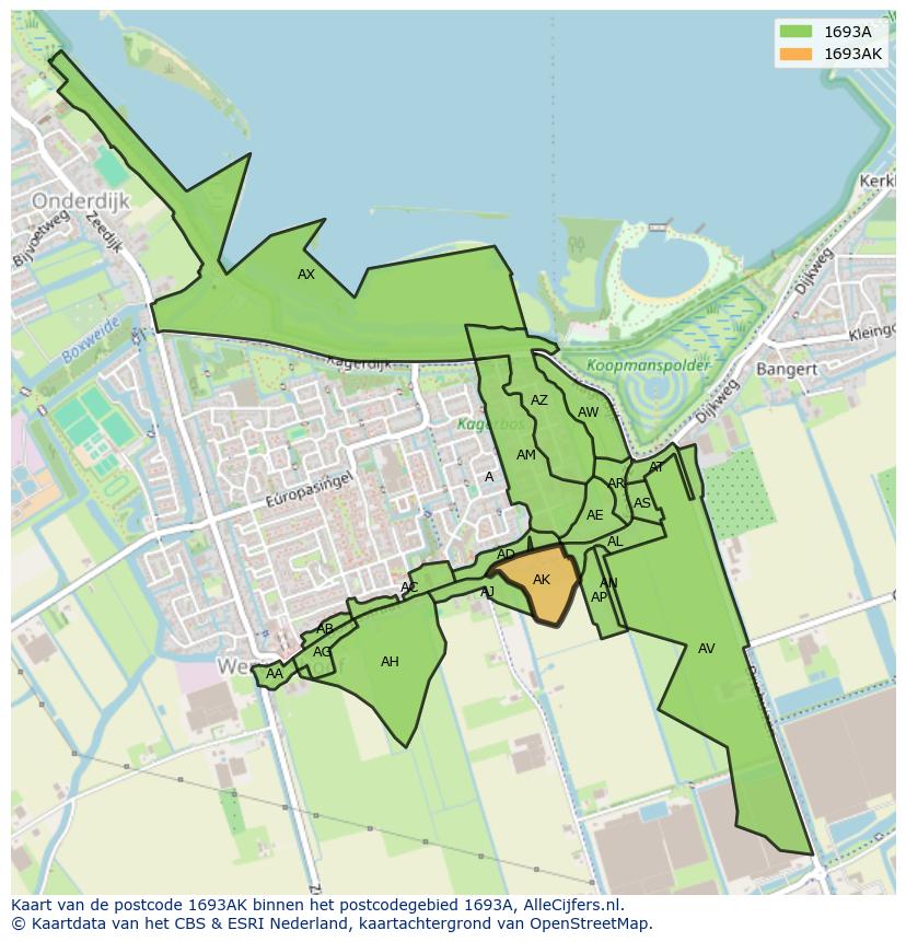 Afbeelding van het postcodegebied 1693 AK op de kaart.