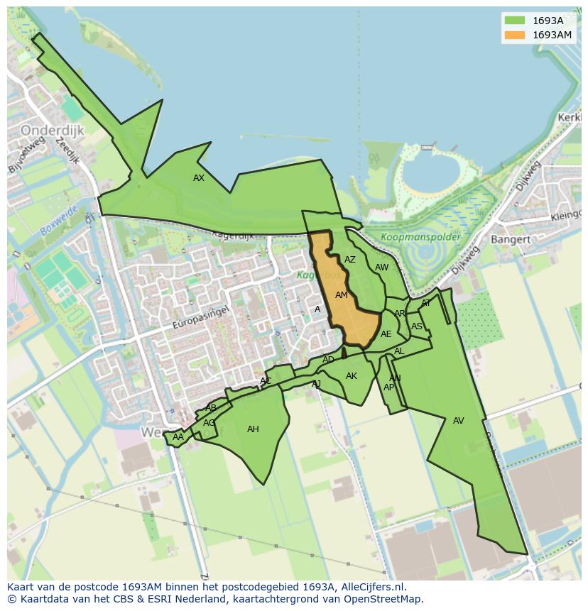 Afbeelding van het postcodegebied 1693 AM op de kaart.