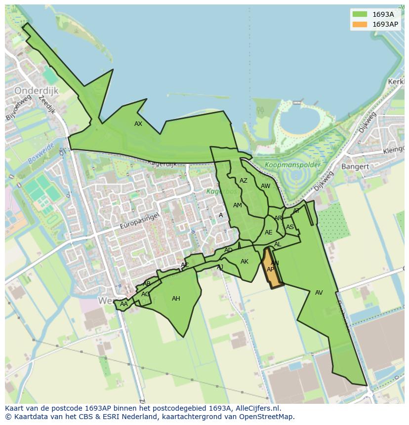 Afbeelding van het postcodegebied 1693 AP op de kaart.