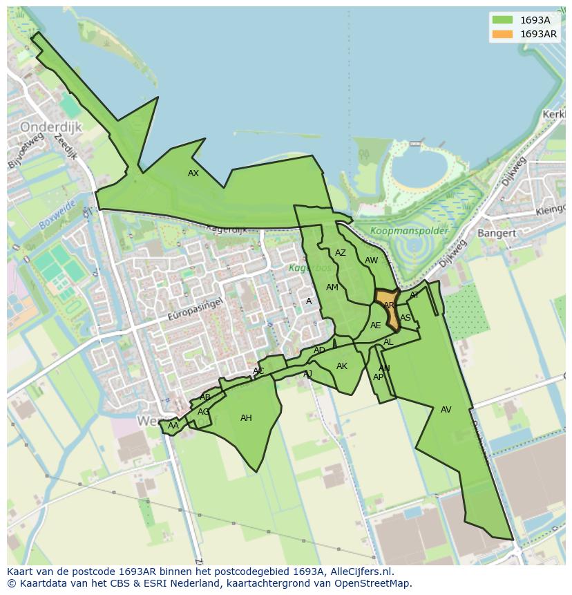 Afbeelding van het postcodegebied 1693 AR op de kaart.