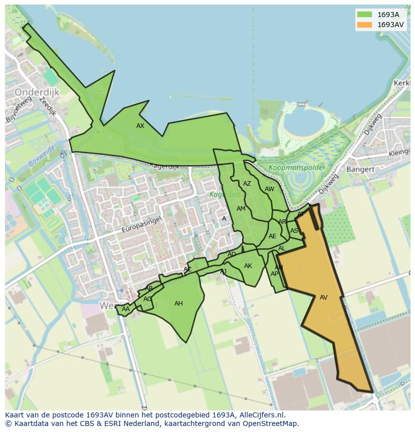 Afbeelding van het postcodegebied 1693 AV op de kaart.