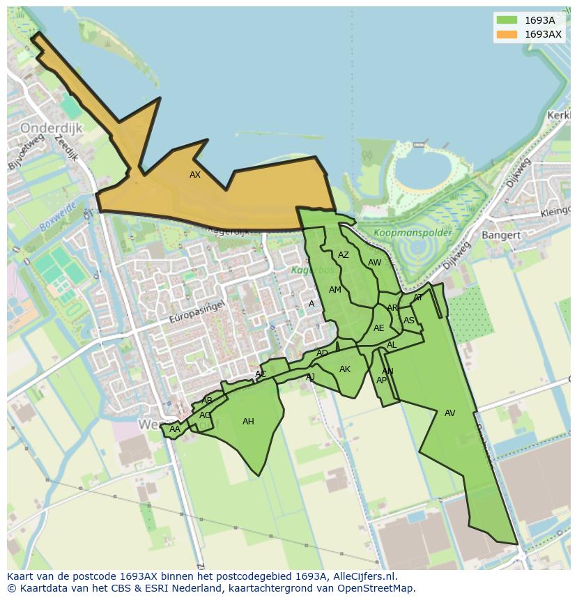 Afbeelding van het postcodegebied 1693 AX op de kaart.