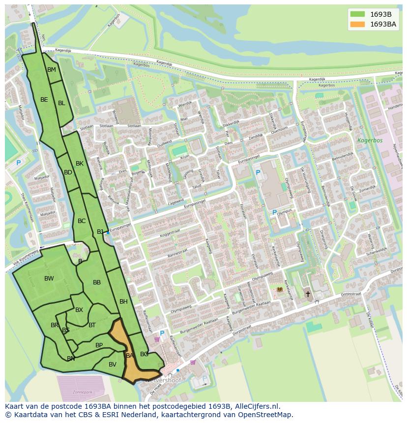 Afbeelding van het postcodegebied 1693 BA op de kaart.