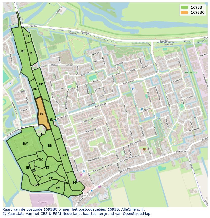 Afbeelding van het postcodegebied 1693 BC op de kaart.