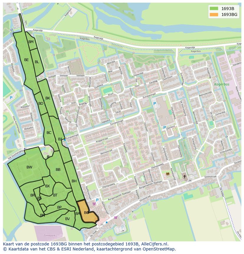 Afbeelding van het postcodegebied 1693 BG op de kaart.