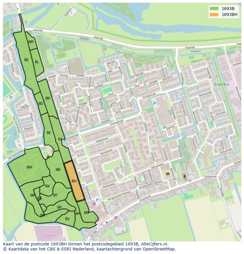 Afbeelding van het postcodegebied 1693 BH op de kaart.