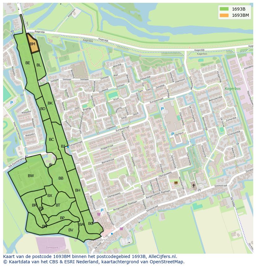 Afbeelding van het postcodegebied 1693 BM op de kaart.