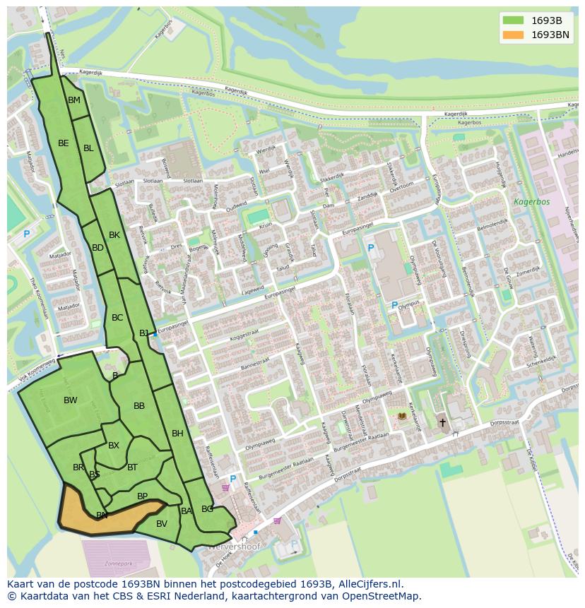 Afbeelding van het postcodegebied 1693 BN op de kaart.