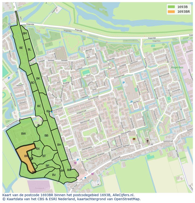 Afbeelding van het postcodegebied 1693 BR op de kaart.