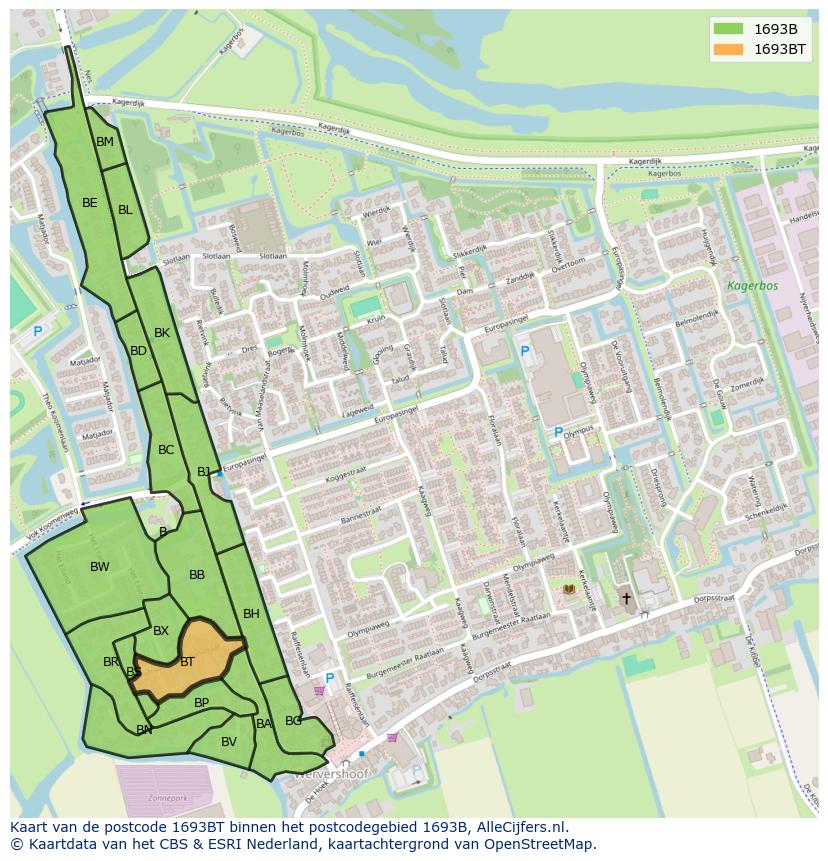 Afbeelding van het postcodegebied 1693 BT op de kaart.