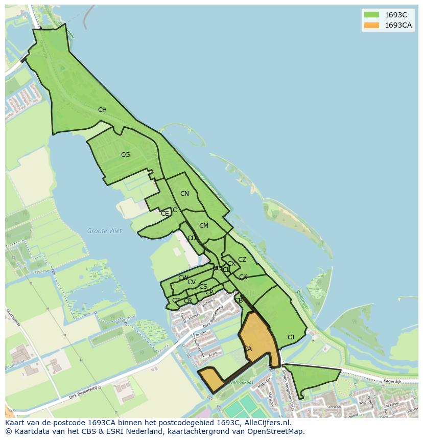 Afbeelding van het postcodegebied 1693 CA op de kaart.