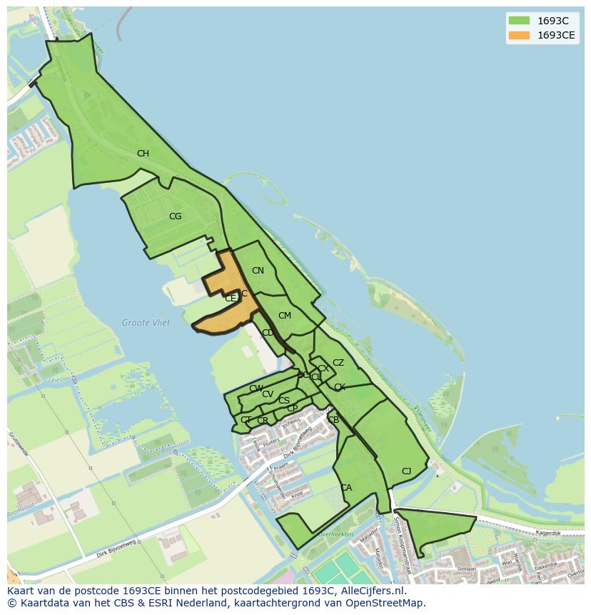 Afbeelding van het postcodegebied 1693 CE op de kaart.