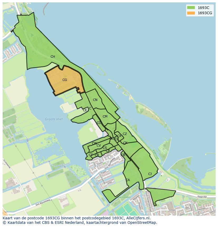 Afbeelding van het postcodegebied 1693 CG op de kaart.