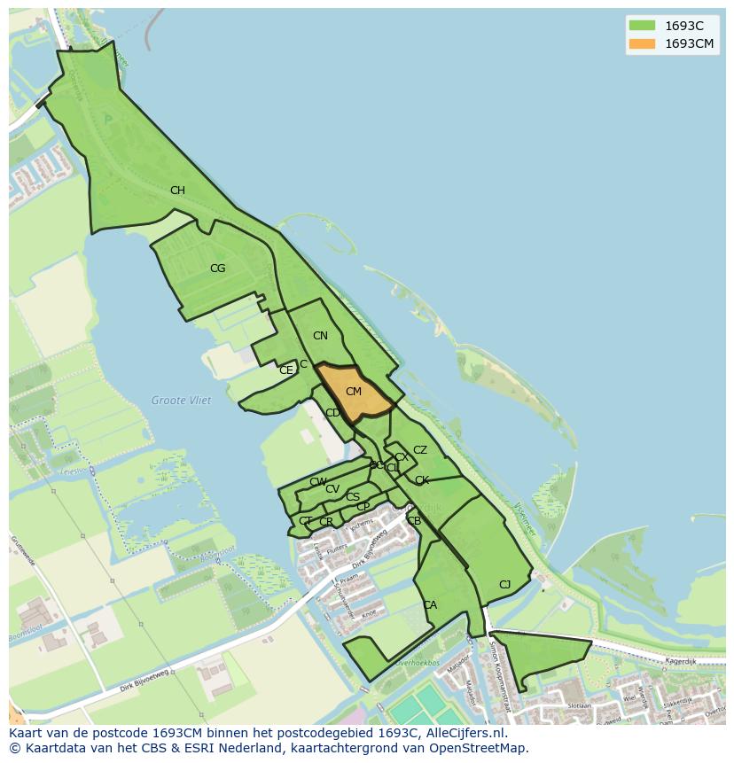 Afbeelding van het postcodegebied 1693 CM op de kaart.