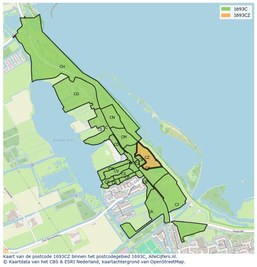 Afbeelding van het postcodegebied 1693 CZ op de kaart.