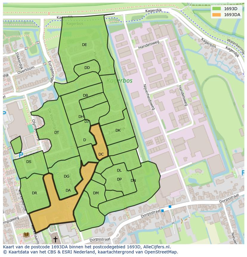 Afbeelding van het postcodegebied 1693 DA op de kaart.