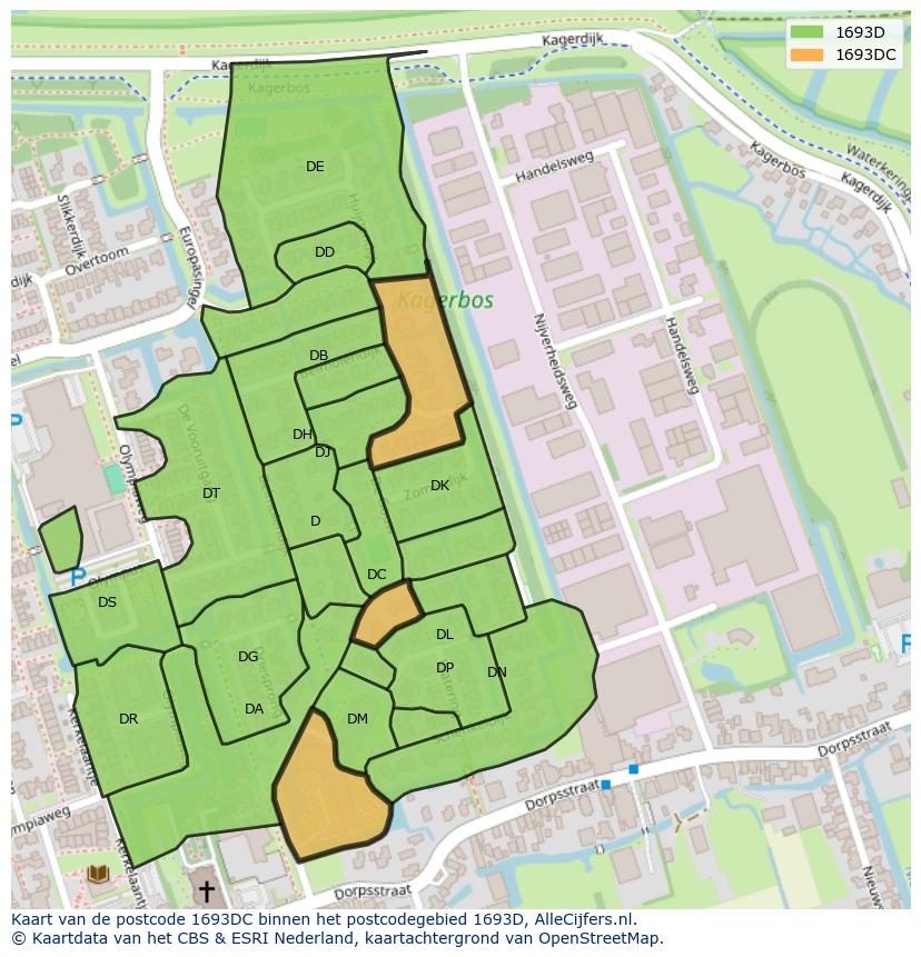 Afbeelding van het postcodegebied 1693 DC op de kaart.