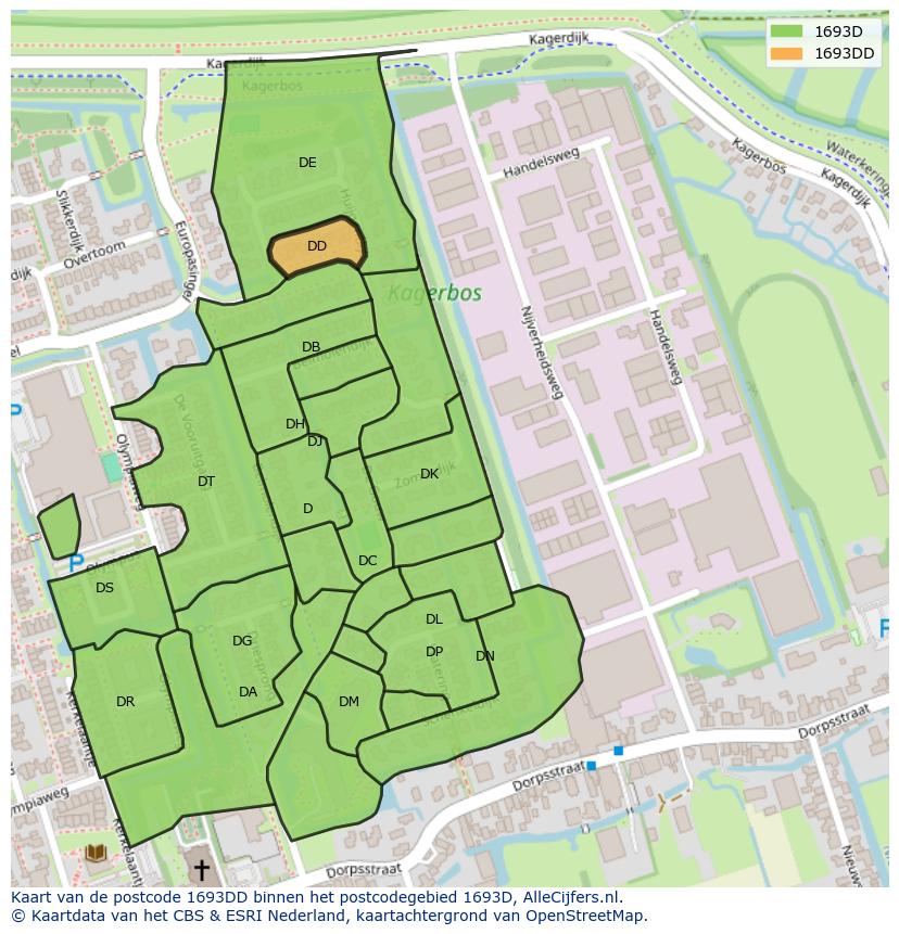 Afbeelding van het postcodegebied 1693 DD op de kaart.